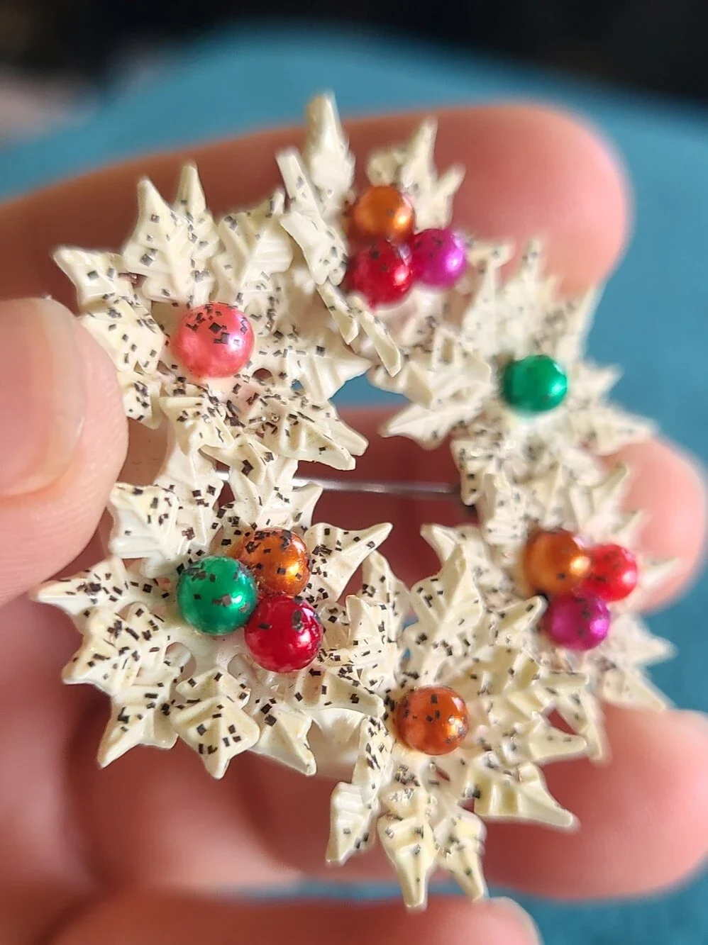 Festive Vintage Ivory Poinsettia Wreath Brooch with Multicolor Beads
